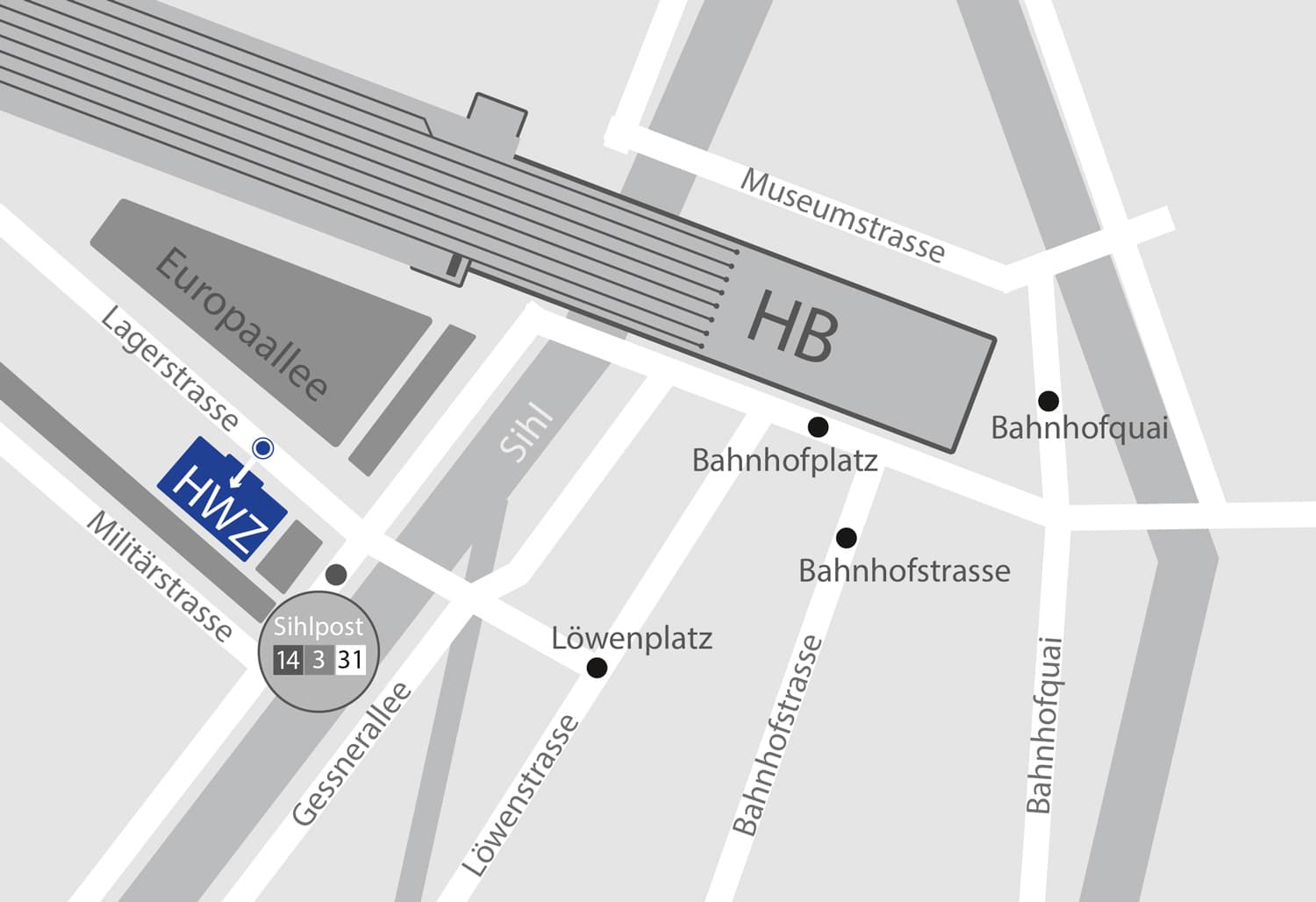 HWZ Hochschule für Wirtschaft Lageplan, Lagerstrasse 5, Zürich beim HB